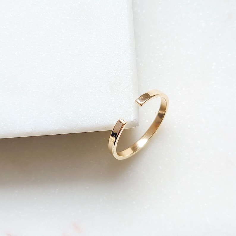 14k Solid Gold Open Cuff Ring, Minimalist Open Ring, Dainty Stackable 2mm Flat Band for Women, Wedding Band image 1