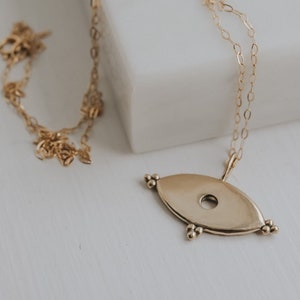 Solid Gold Evil Eye Pendant, Eye Shaped pendant, Protection pendant, Lucky pendant, Gold Necklace, Eye Necklace, Fine Dot Detail, Milgrain