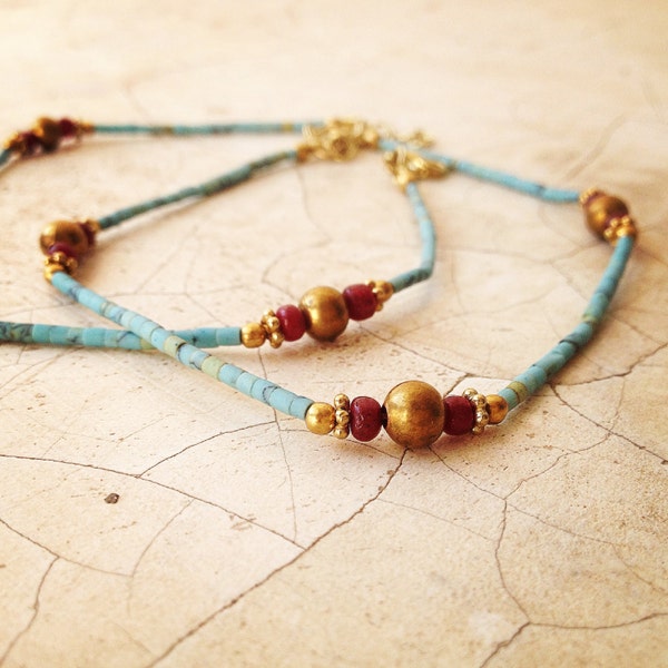 ONE Boho Anklets: Turquoise, Garnet and Brass Bead Anklet. Boho Anklet, Gipsy Jewellery, Festival Fashion, Boho Style.
