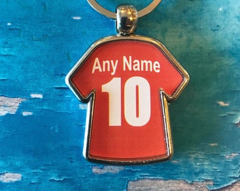 Silver Plated Keyring - Personalised Football shirt Keyring - Any Name or Number - Double Sided - Red
