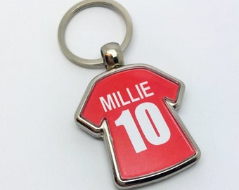 Silver Plated Keyring - Personalised Football shirt Keyring - Any Name or Number - Double Sided - Red