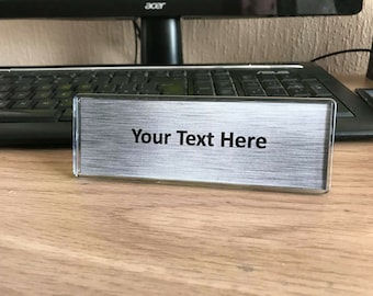Personalised Desk Nameplate - Add your logo and details - Desk Sign / Plaque - Office - Business - Work station - Chrome look background