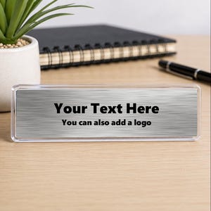 Personalised Desk Nameplate - Add your logo and details - Desk Sign / Plaque - Office - Business - Work station - Chrome look background