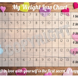 May include: A weight loss chart with a wooden background and colourful hearts. The chart is divided into a grid with numbers 1 through 13 across the top and numbers 1 through 6 down the side. The chart is labelled "My Weight Loss Chart". The text "To fall in love with yourself is the first secret of happiness" is at the bottom of the chart.