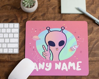 Personalised Gamer Mouse Pad Mat - Custom Name - Computer Office Game room - Pink Alien - Any Name