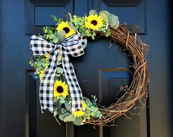 Sunflower Eucalyptus Farmhouse Wreath, Year Round Grapevine Wreath, Sunflower Wall Art, Rustic Sunflower Decor