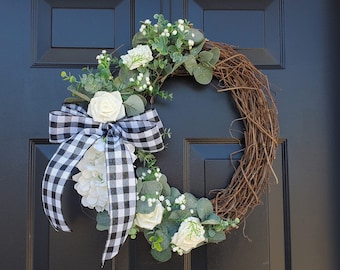 White Rose Hydrangea Front Door Wreath, White Floral Wreath, Eucalyptus Wreath, Year Around Wreath, Spring Summer Wreath, Mothers Day Wreath