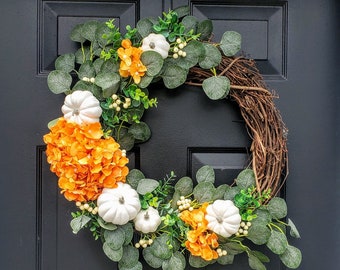 White Pumpkin Hydrangea Wreath, Thanksgiving Fall Wreath, Autumn Eucalyptus Wreath, Farmhouse Floral Pumpkin Decor