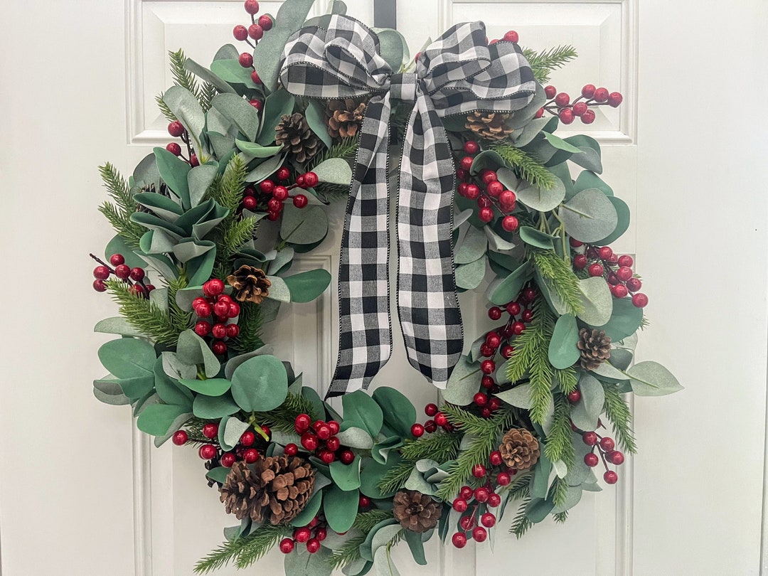 Buffalo Plaid Christmas Lambs Ear Wreath Red Berry and - Etsy