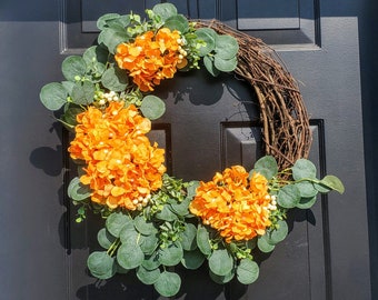 Orange Hydrangea Wreath, Rust Fall Wreath, Elegant Autumn Wreath, Everyday Grapevine Wreath, Front Door Wreath