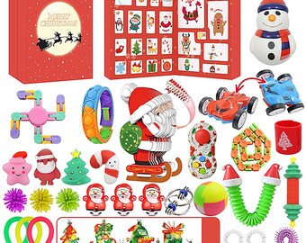 Kids and Toddlers Xmas Party Favor Gifts Christmas 24 Days Countdown Advent Calendar with 24 Pressure-Relief Toys with Mochi Squishy Slime Keychain and other Assorted Fidget Toys for Boys Girls 
