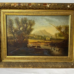 Antique 1800’s Painting Farming Cows Guilded Frame River Trees
