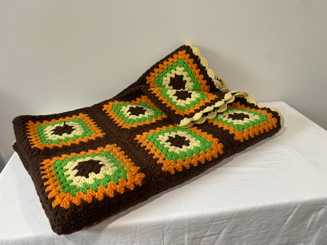 Vintage 70s MCM Afghan Crochet Wool Throw Blanket Green Etsy