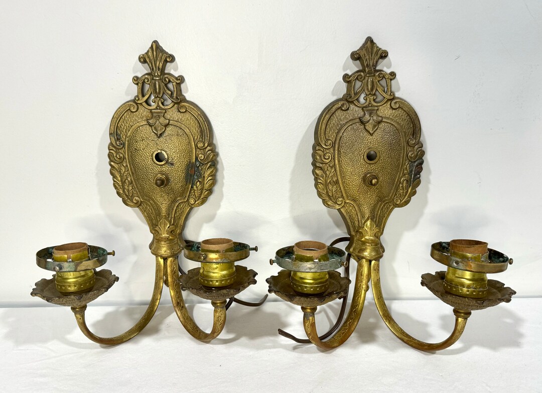 Antique Victorian Wall Sconces Brass Ornate Vtg Double Light Etsy