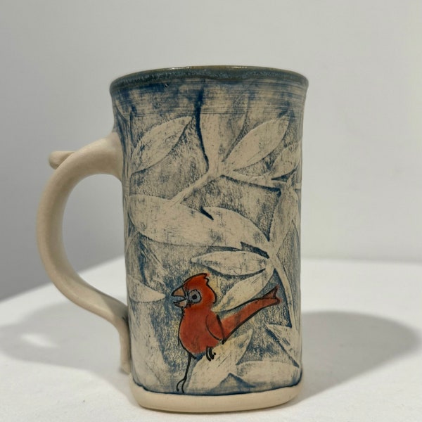 Mikpo Red Cardinal Bird Mikkelsen Pope Pottery Mug SFC Royal Blue Signed 2011