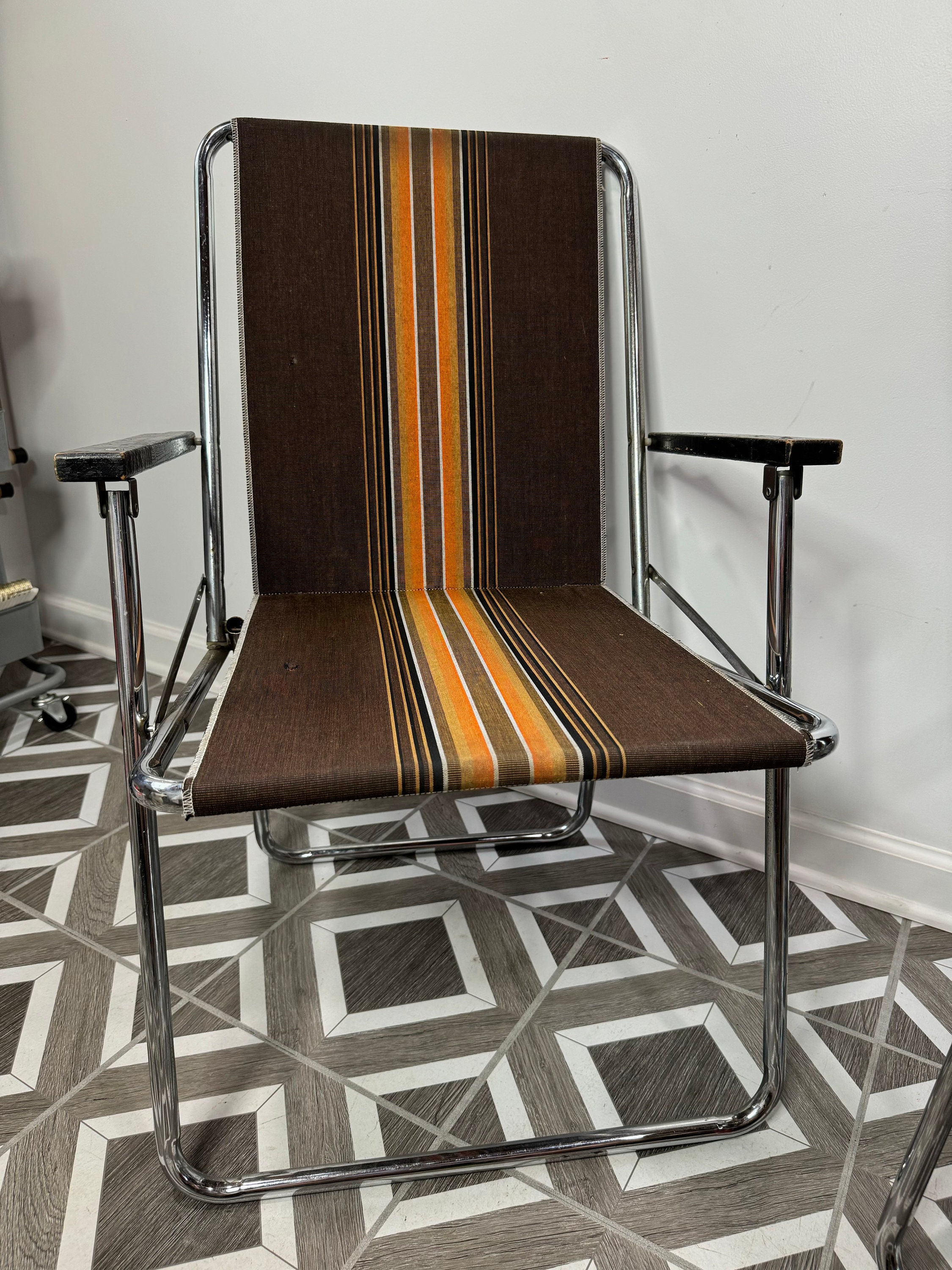 Set 2 Airstream Folding Chairs Camping Brown W/stripes Zipdee MCM