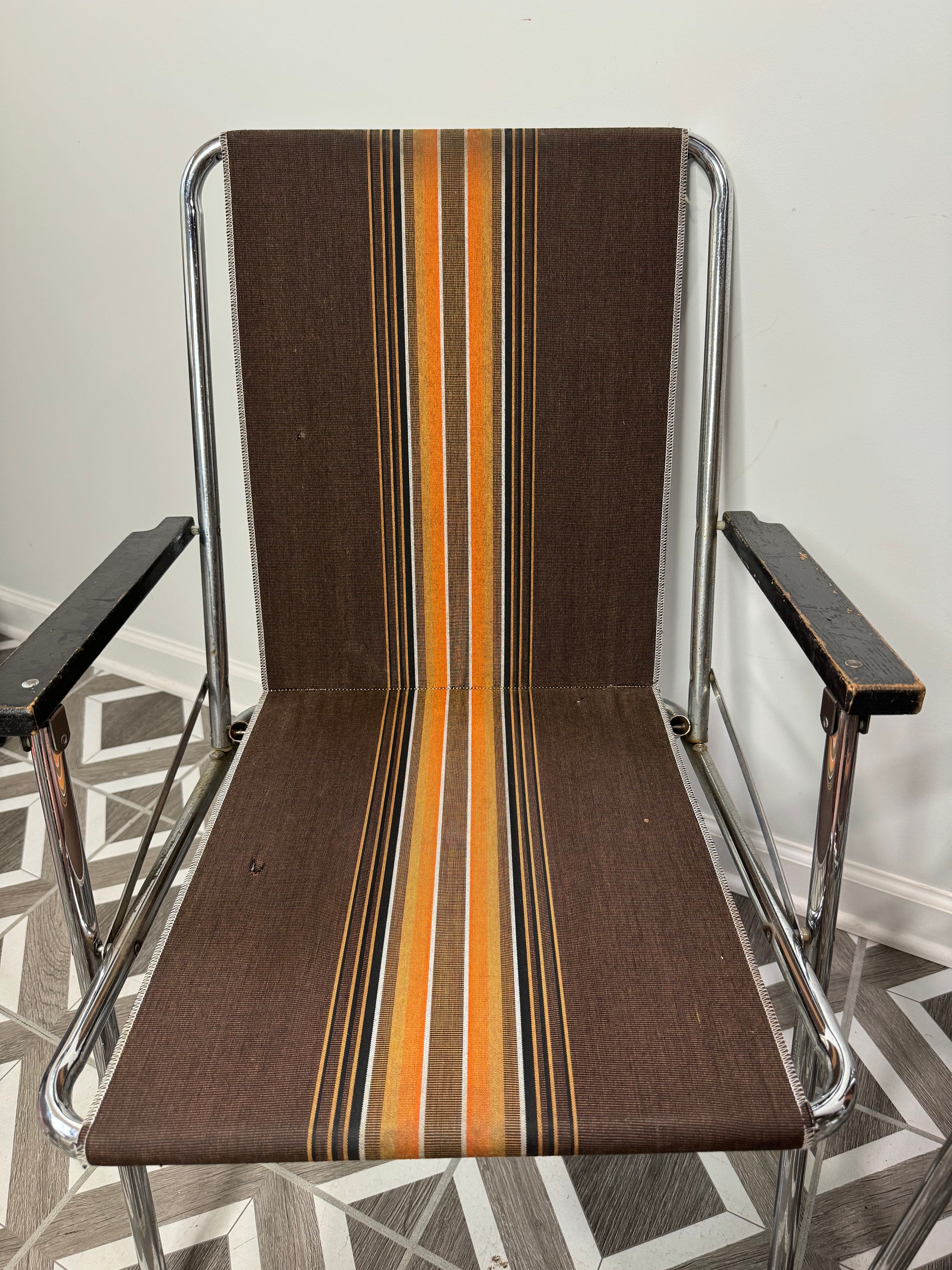 Set 2 Airstream Folding Chairs Camping Brown W/stripes Zipdee MCM