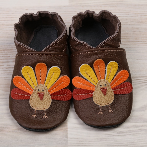 Brown Baby Shoes Leather, Soft Sole Newborn/ Infant / Toddler / Kids Shoes, Baby Booties/ Moccasins, Girl, Boy, Peacock / Turkey Shower Gift