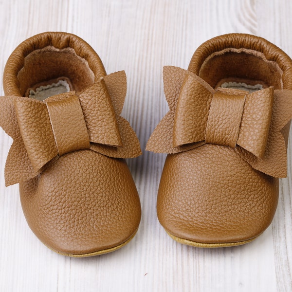 Caramel/Brown Leather Baby Shoes, Bow, Soft Sole Toddler Shoes, Newborn/Infant Shoes, Baby Crib Moccasins, Baby Booties, Girls, Gift, Evtodi