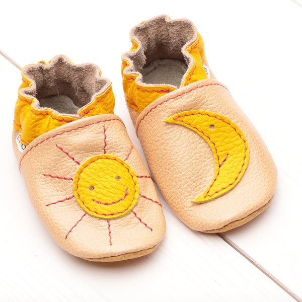 Yellow Moon& Sun, Tan Leather Baby Shoes, Soft Sole Baby Shoes, Toddler Moccasins, Infant Slippers, Crib Shoes, Girl,Boy, Celestial BabyGift