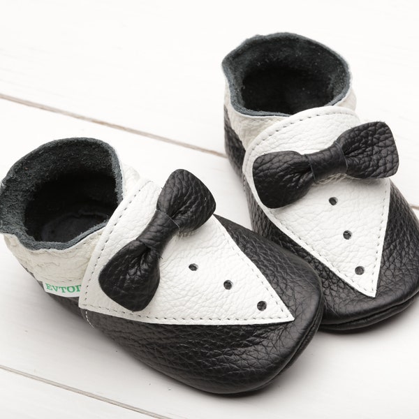 Wedding Baby Shoes Black Tuxedo with Bow, White Bib, Soft Sole Toddler Shoes, Infant Shoes, Leather Baby Moccasins, Baby Tuxedo Boys, Evtodi