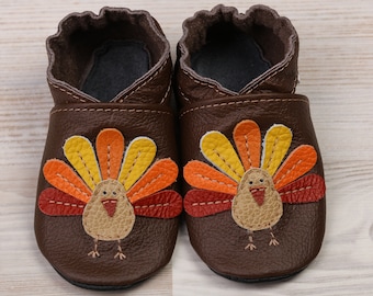 Brown Baby Shoes Leather, Soft Sole Newborn/ Infant / Toddler / Kids Shoes, Baby Booties/ Moccasins, Girl, Boy, Peacock / Turkey Shower Gift