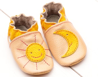 Yellow Moon& Sun, Tan Leather Baby Shoes, Soft Sole Baby Shoes, Toddler Moccasins, Infant Slippers, Crib Shoes, Girl,Boy, Celestial BabyGift