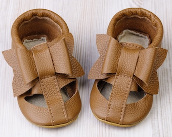 Caramel/Brown Leather Baby Sandals Bow, T-strap Shoes, Soft Sole Baby Shoes/Slippers, Toddler Moccasins, Summer Newborn/Infant Shoes, Evtodi