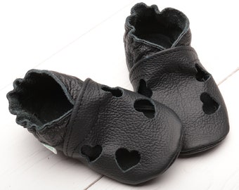 Black Leather Baby Shoes, Soft Sole Baby Sandals, Newborn Shoes, Infant Shoes, Summer Toddler/Crib Shoes, Hearts, Girls', Boys', Handmade