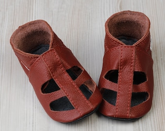 Terracotta/Red Leather Baby Shoes, Baby Sandals, Hearts/T-bar Shoes, Toddler Moccasins/ Slippers, Soft Sole Baby Shoes, Walker/ Infant Shoes