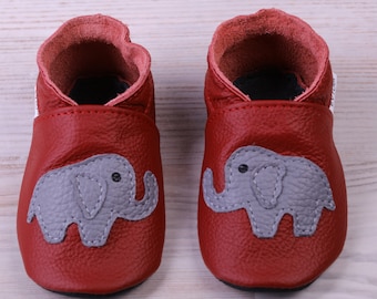 Rotes Leder Babyschuhe mit Elefant, weiche Sohle Babyschuhe, Kleinkindschuhe, Baby Mokassins/Booties, Säuglingsschuhe/Hausschuhe, Jungen, Mädchen, Unisex