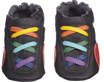 Black Leather Baby Shoes, with Rainbow Shoelaces, Baby Moccasins, Soft Sole Toddler Shoes, Infant Slippers, Newborn Shoes, Baby Shower Gifts