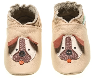 Ivory Leather Baby Shoes for Infants & Toddlers – Puppy Dog Baby Slippers, Soft Sole Moccasins