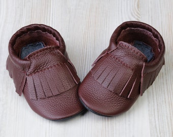 Burgundy/Dark cherry, Baby Moccasins, Leather Baby Shoes, Soft Sole Baby Shoes, Toddler Moccasins/Booties, Infant Shoes, Girls', Boys', Gift