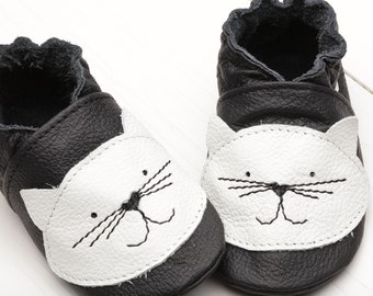 Black Leather Baby Shoes, Soft Sole Baby Shoes, Baby Moccasins, Girls', Baby Slippers, Boys', Toddler Booties, Infant Shoes, White Cat Gifts