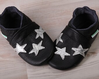 Black Leather Baby Shoes, Silver Stars, Soft Sole Baby Shoes, Celestial Baby Shower Gifts, Slippers Shoes, Boys', Girls', Toddler Booties