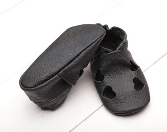 Sandalias de bebé de cuero negro, zapatos de bebé de suela blanda