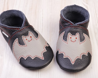 Gray Bat, Halloween Black Leather Baby Shoes, Soft Sole Infant/Toddler Shoes, Baby Slippers/Moccasins, Crib Shoes,Girl, Boy, Bat Baby Shower