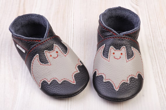Gray Bat, Halloween Black Leather Baby Shoes, Soft Sole Infant/Toddler Shoes, Baby Slippers/Moccasins, Crib Shoes,Girl, Boy, Bat Baby,Evtodi