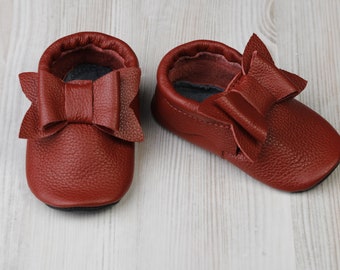 Terracotta/Red Leather Baby Shoes, Bow, Soft Sole Toddler Shoes, Newborn/Infant Shoes, Baby Crib Moccasins, Baby Booties, Girls Gift, Evtodi