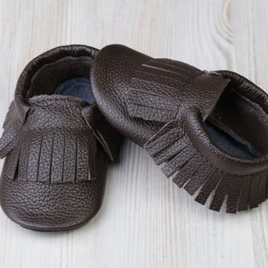 Chocolate/Brown Leather Baby Shoes, Fringe Baby Moccasins/Slippers, Soft Sole Toddler Shoes, Child/Infant Shoes, Girls&#39;, Boys&#39;, Evtodi