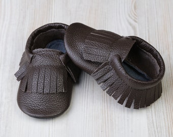 Chocolate/Brown Leather Baby Shoes, Fringe Baby Moccasins/Slippers, Soft Sole Toddler Shoes, Child/Infant Shoes, Girls', Boys', Evtodi