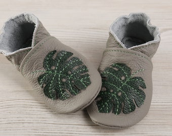 Gray Soft Sole Baby Shoes, Leather Monstera Baby Shoes, Baby Moccasins, Newborn/Infant/Toddler Shoes, Leaf Tropical Baby Shower Gift, Evtodi