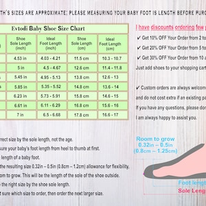 May include: An informational chart for baby shoe sizes, with measurements in inches and centimeters. The chart includes age ranges, sole lengths, and ideal foot lengths. Text provides sizing guidance and discount information.