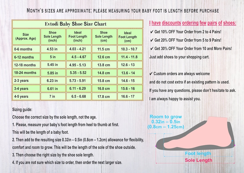 May include: An informational chart for baby shoe sizes, with measurements in inches and centimeters. The chart includes age ranges, sole lengths, and ideal foot lengths. Text provides sizing guidance and discount information.