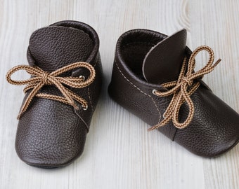 Chocolate/Brown Oxford Toddler Shoes, Leather Lace Up Boots, Soft Sole Baby Shoes/Moccasins, Newborn/Infant Shoes, Unisex Gift, Evtodi