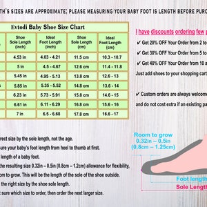 Puede incluir: Un gr&aacute;fico que muestra las tallas de zapatos para beb&eacute;s en pulgadas y cent&iacute;metros. El gr&aacute;fico incluye la edad aproximada del beb&eacute;, la longitud de la suela del zapato en pulgadas, la longitud ideal del pie en pulgadas, la longitud de la suela del zapato en cent&iacute;metros y la longitud ideal del pie en cent&iacute;metros. El gr&aacute;fico tambi&eacute;n incluye un diagrama que muestra c&oacute;mo medir la longitud del pie de un beb&eacute;.