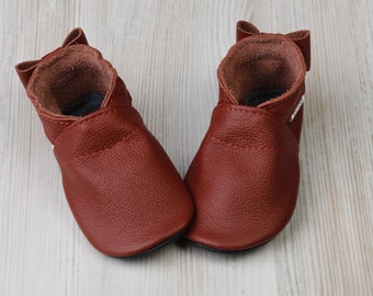 Chaussures de bébé en cuir terre cuite/rouge, chaussures de bébé à semelle souple, mocassins de bébé, chaussures pour tout-petits, chaussures pour bébés, chaussons/chaussures pour nouveau-nés, filles, nœud