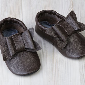 Chocolate/Brown Leather Baby Shoes, Bow, Soft Sole Baby Shoes, Baby Moccasins, Infant/Toddler Shoes, Baby Slippers/Booties, Handmade