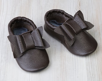 Chocolate/Brown Leather Baby Shoes, Bow, Soft Sole Baby Shoes, Baby Moccasins, Infant/Toddler Shoes, Baby Slippers/Booties, Handmade